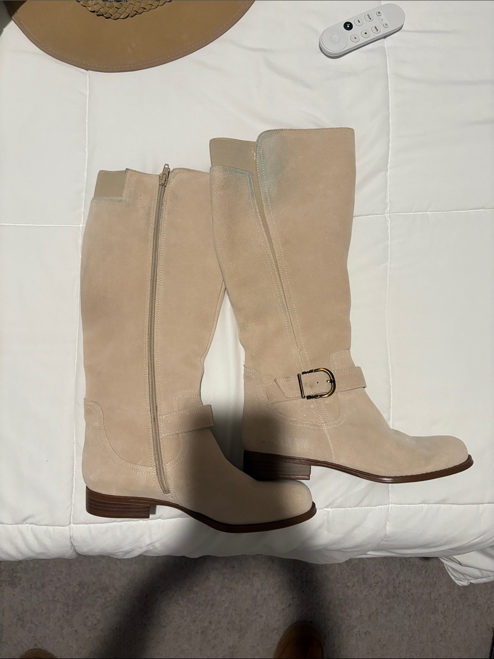 Naturalize Beige Suede Knee-High Women’s Boots with Buckle